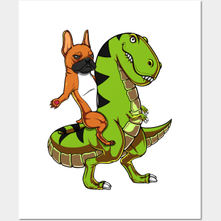 French Bulldog Riding T-Rex Dinosaur Posters and Art